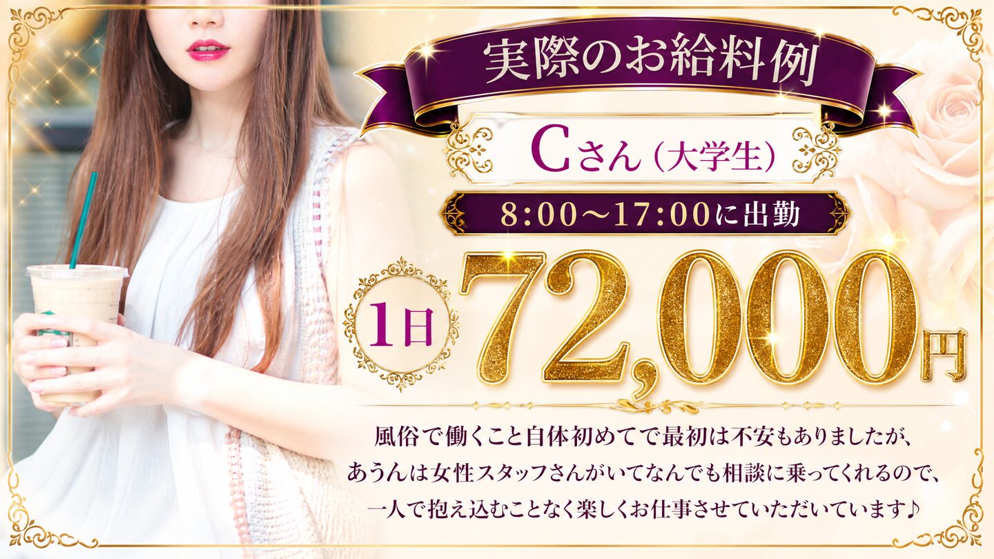 実際のお給料例 Cさん（大学生）8:00〜17:00出勤 1日72,000円